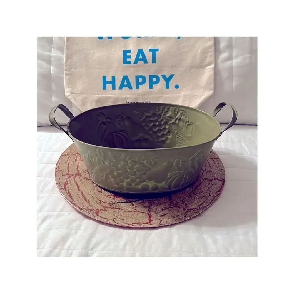Metal Tin Bowl with Handles Green Fruit Harvest Dented Design